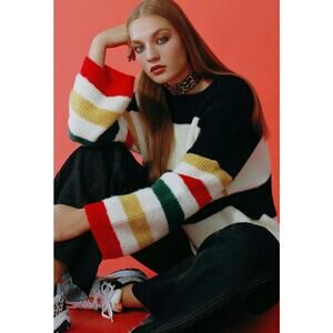 UO Truly Madly Deeply Caroline Striped Sweater Medium Colorblock Rainbow Sleeve